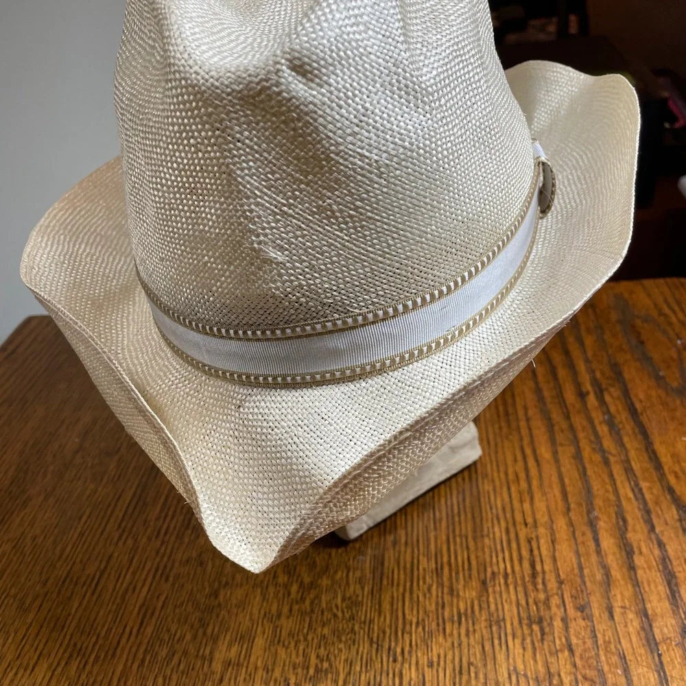 Stetson Straw Fedora Hat Cream Off White Woven Panama Style Size 7 5/8 61cm Luxe - Picture 10 of 15
